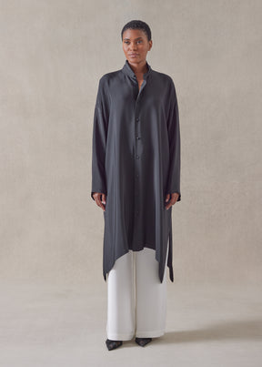 silk wide a-line double stand collar shirt - very long with slits