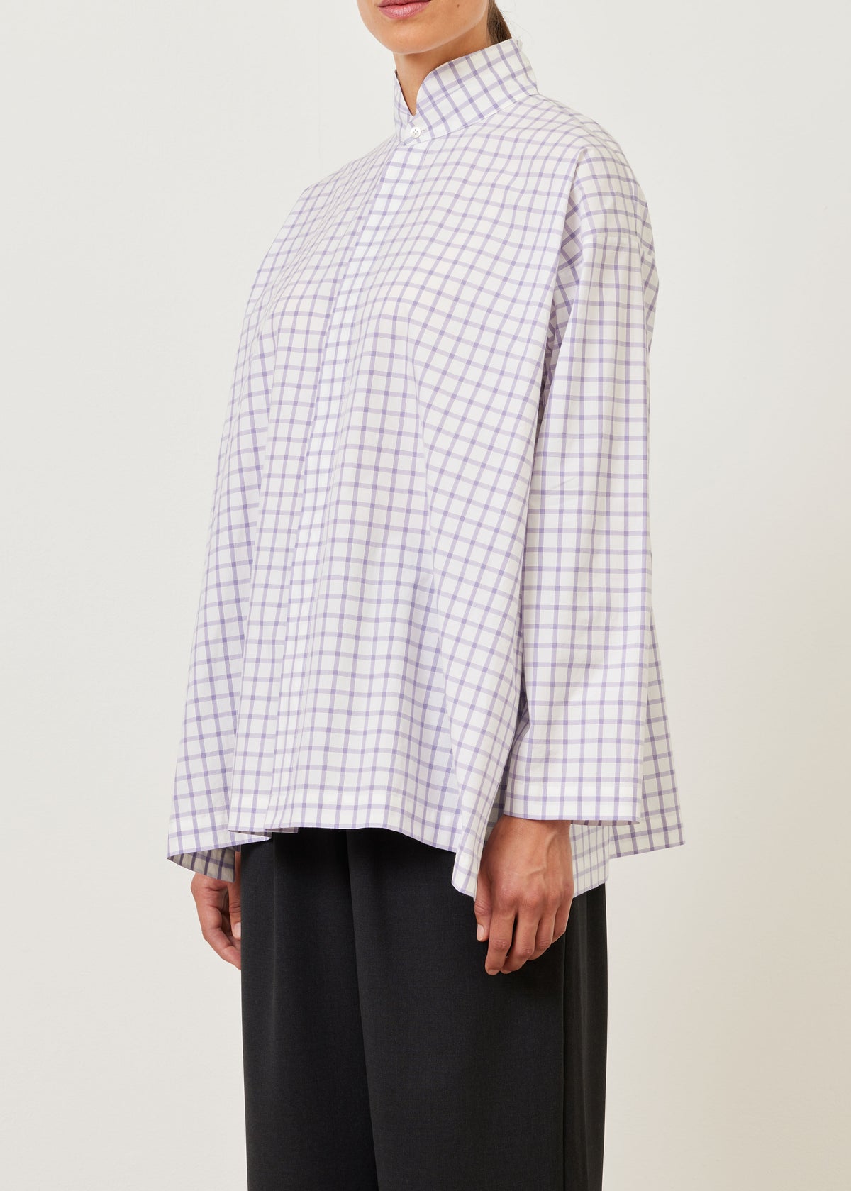 cotton slim a-line shirt with double stand collar and stepped insert - long