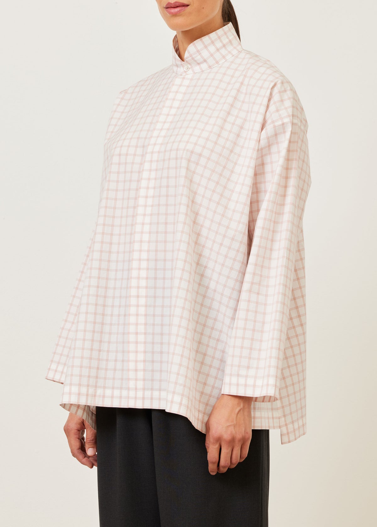 cotton slim a-line shirt with double stand collar and stepped insert - long