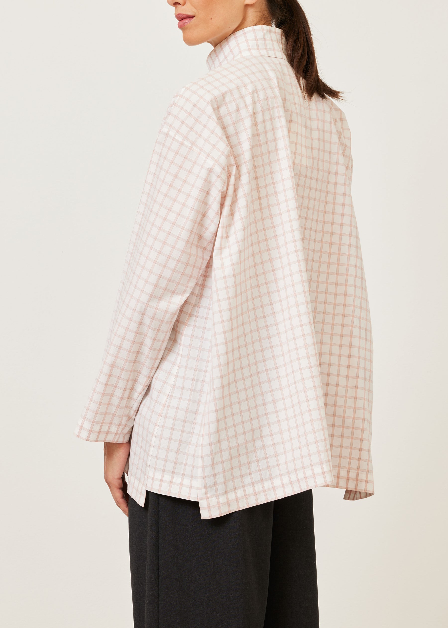 cotton slim a-line shirt with double stand collar and stepped insert - long