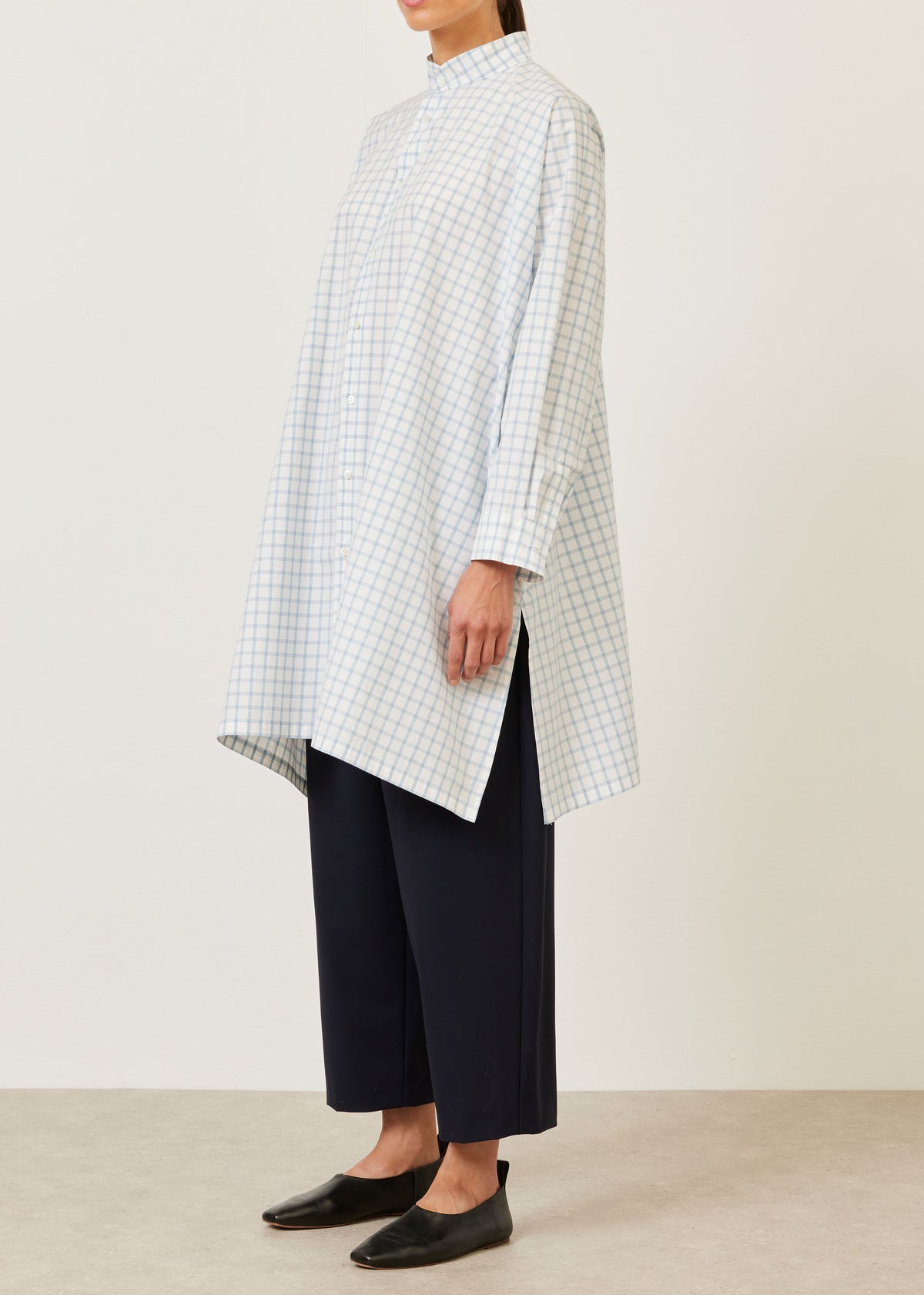 cotton wide a-line collarless shirt - very long with slits