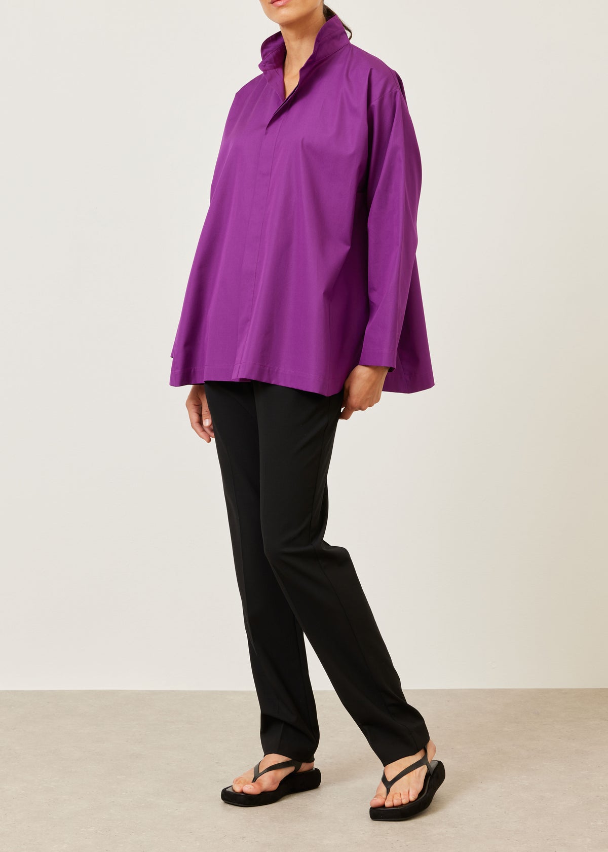 cotton side panelled shirt with double stand collar - long