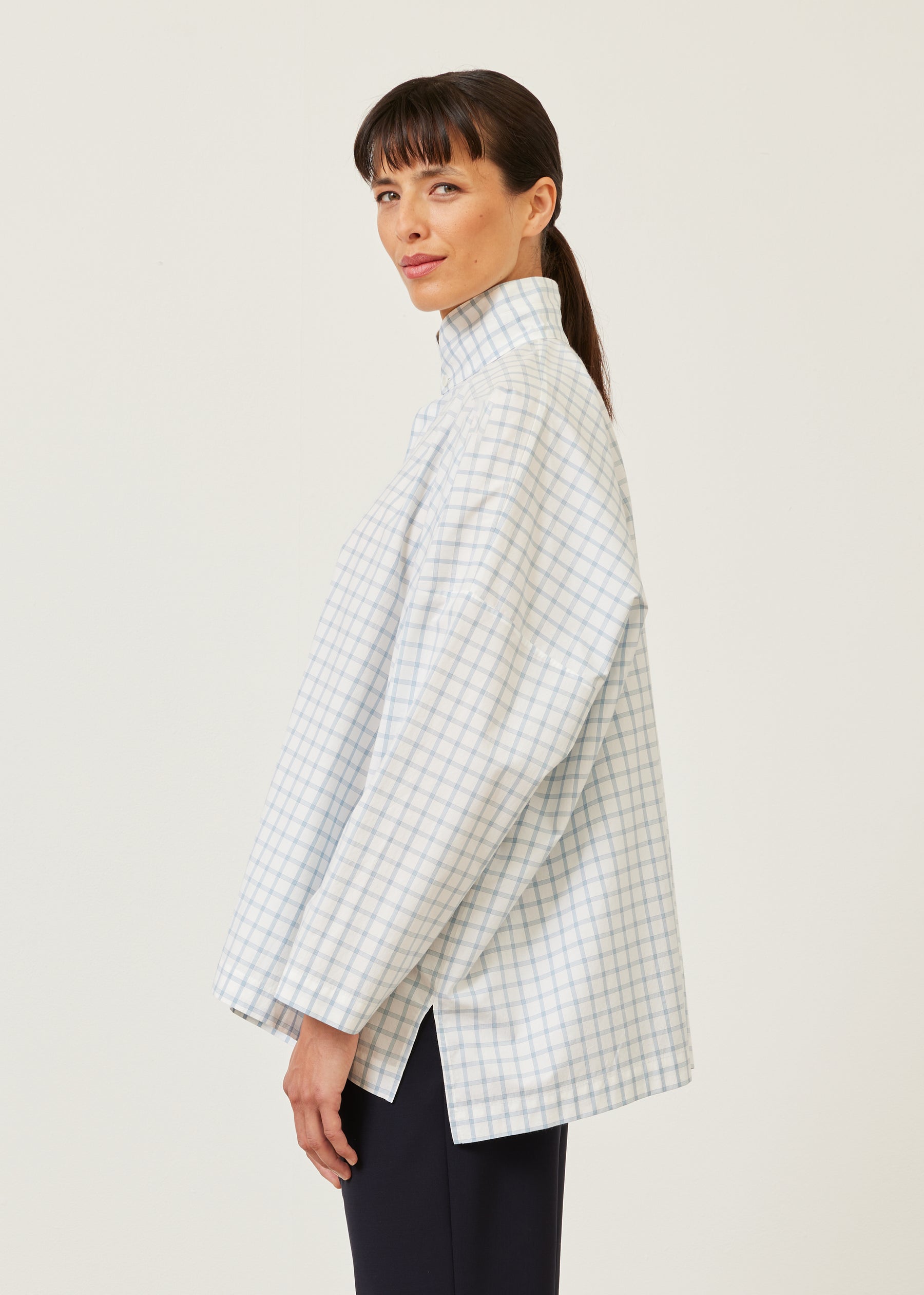 cotton wide longer back double stand collar shirt - mid plus