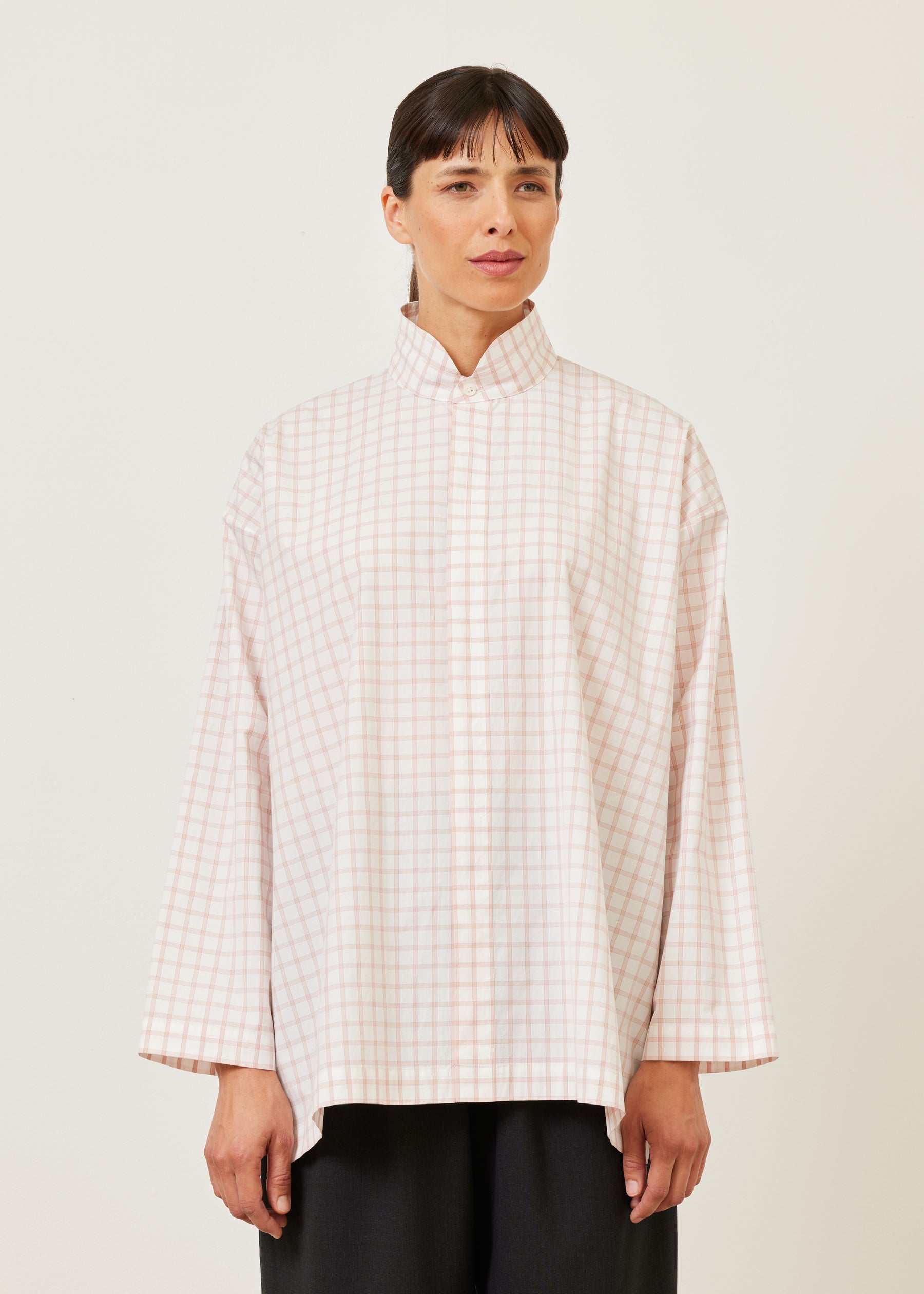 cotton slim a-line shirt with double stand collar and stepped insert - long