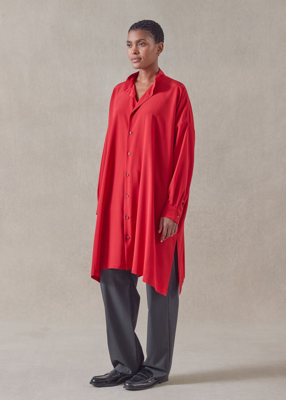 silk wide a-line collarless shirt - very long with slits