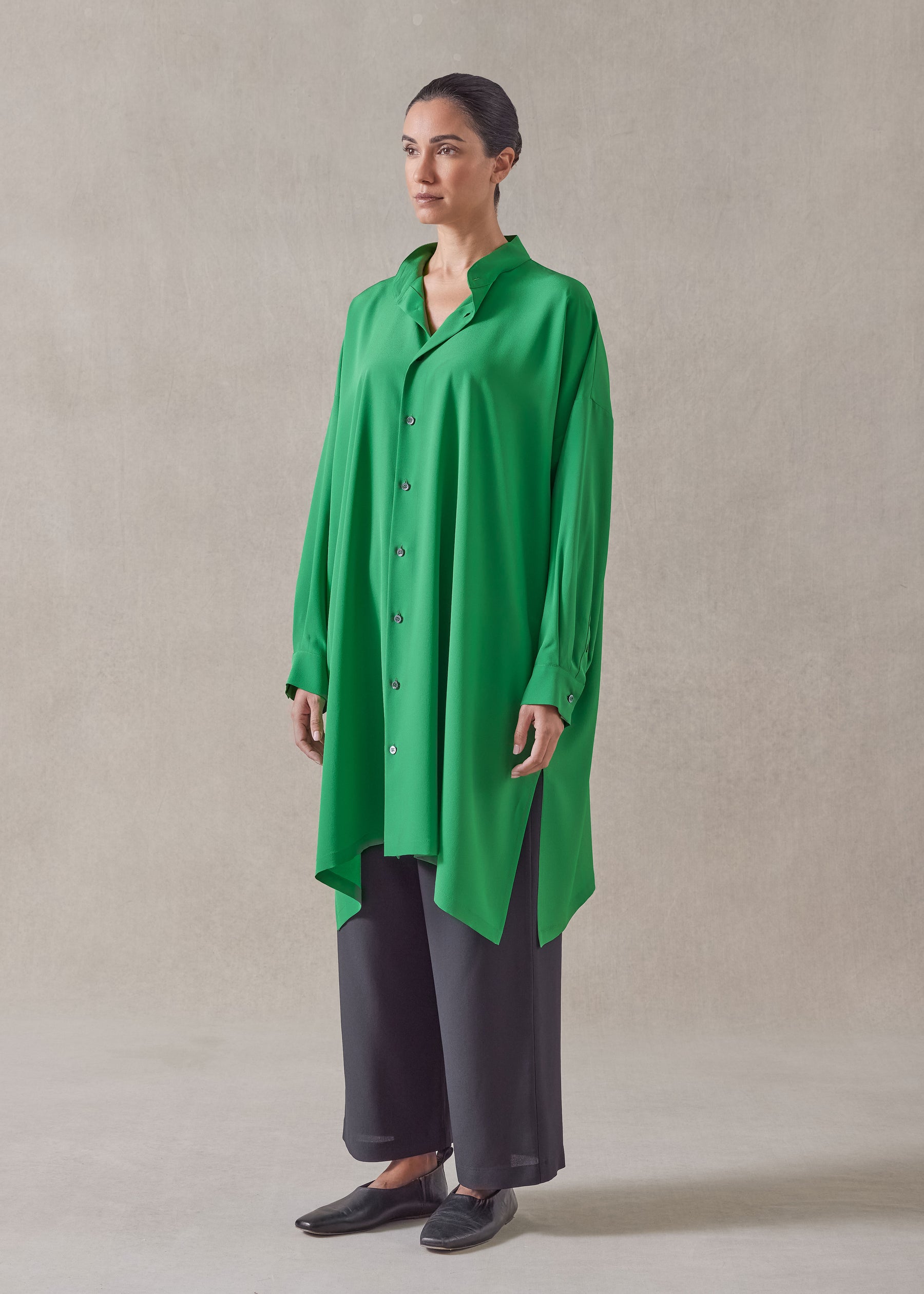 silk wide a-line collarless shirt - very long with slits