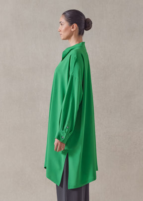 silk wide a-line collarless shirt - very long with slits