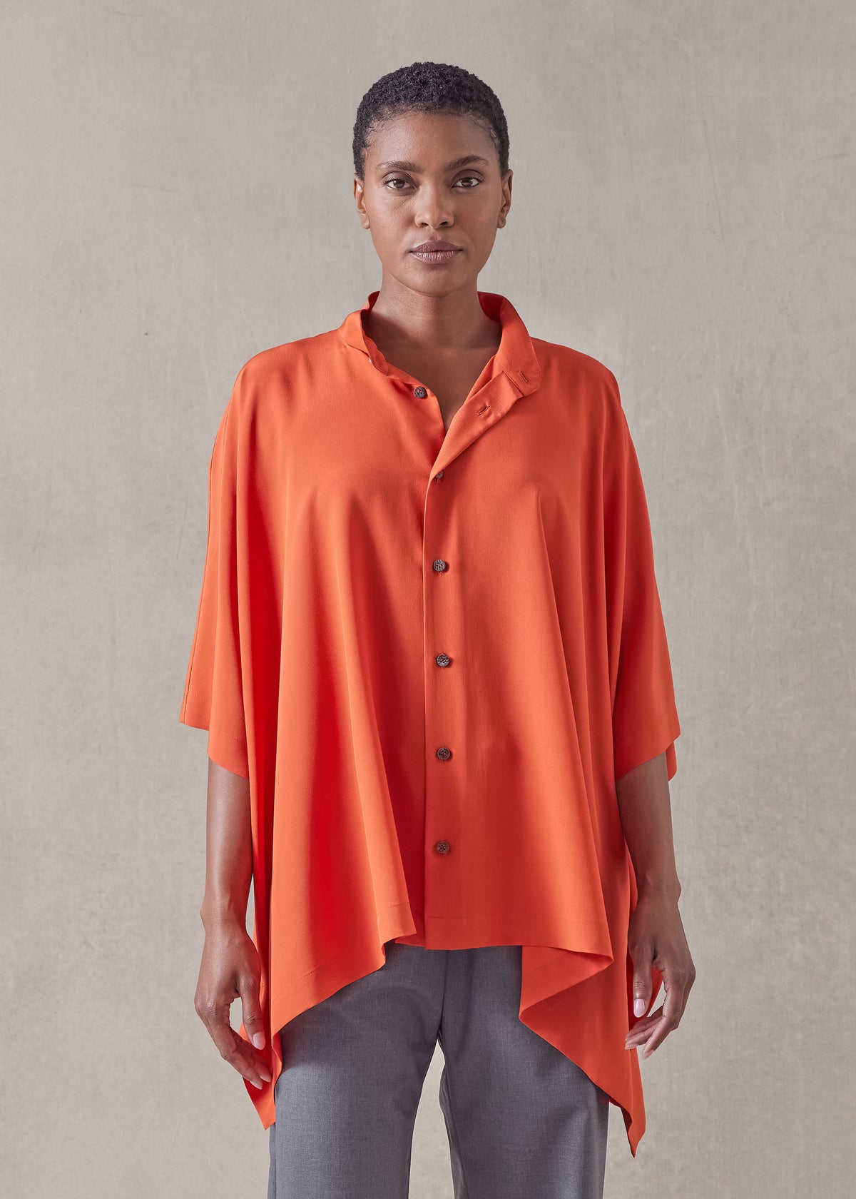 silk collarless longer back kaftan shirt - mid plus