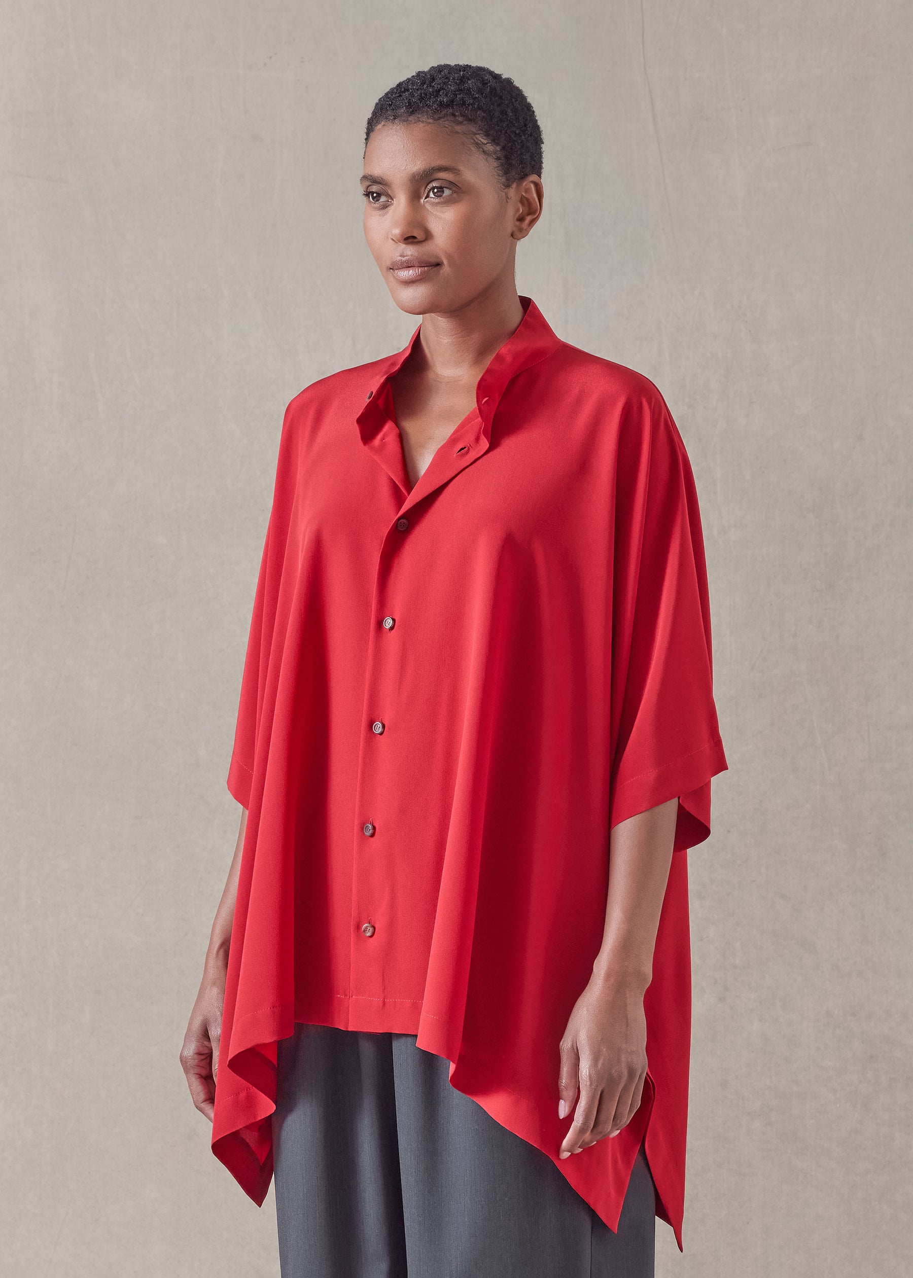 silk collarless longer back kaftan shirt - mid plus