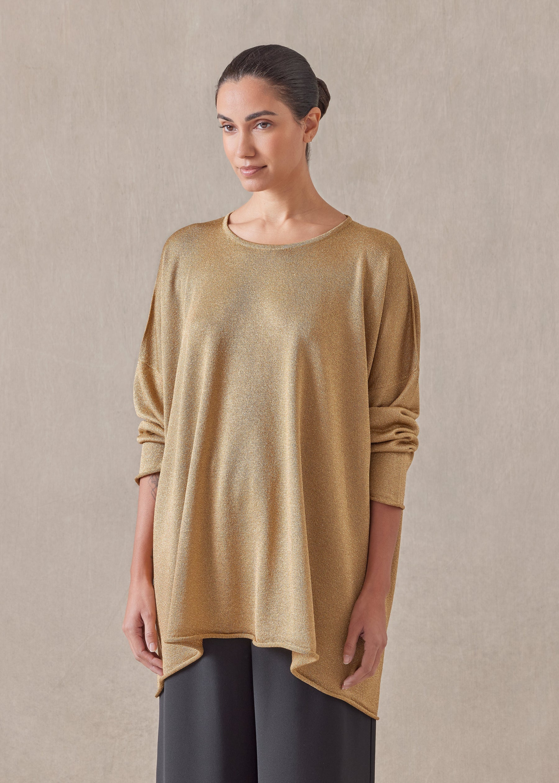 metallicised mix a-line bateau neck knitted sweater - long