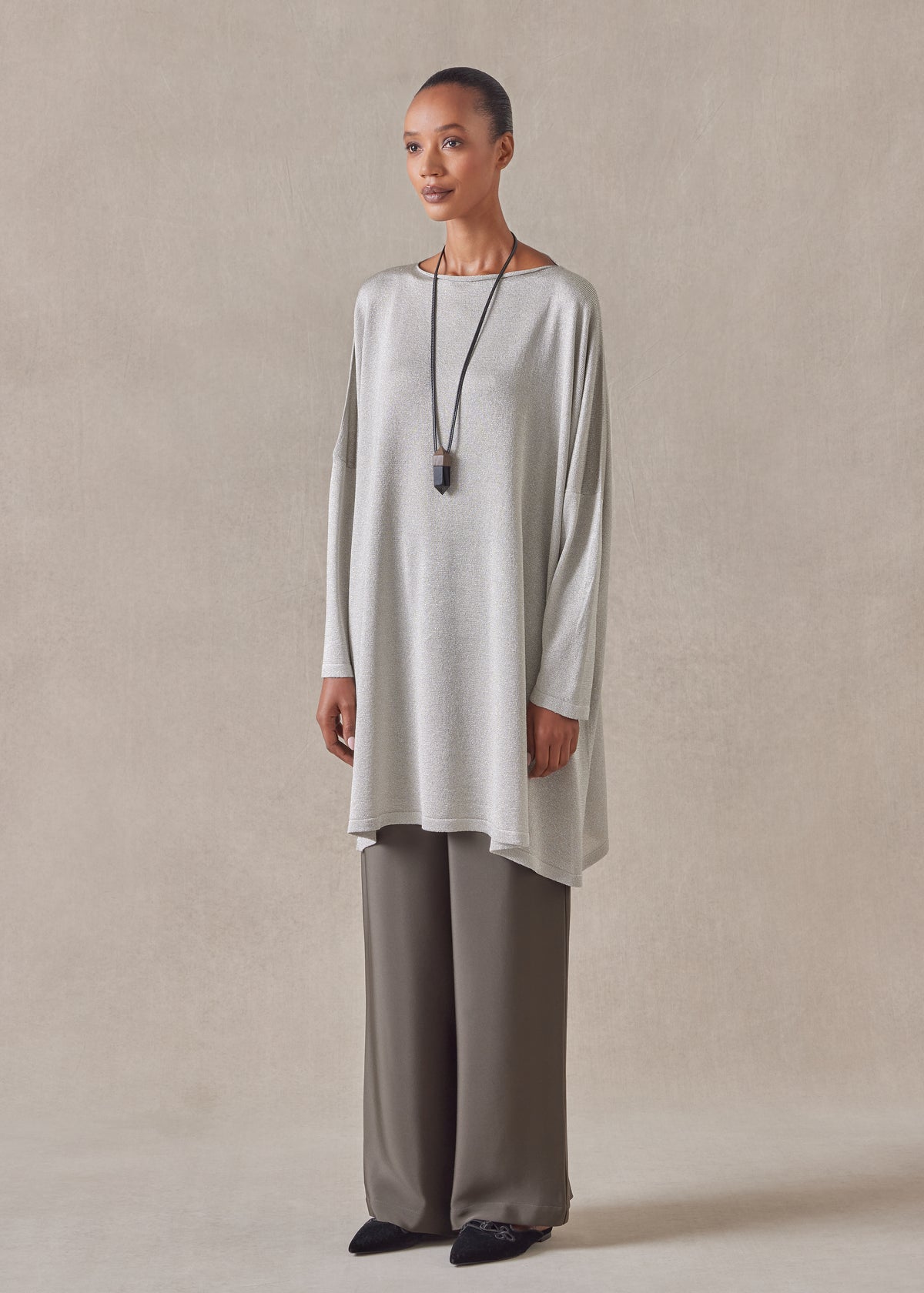 metallicised mix slim sleeve slash neck kaftan knitted sweater - long plus