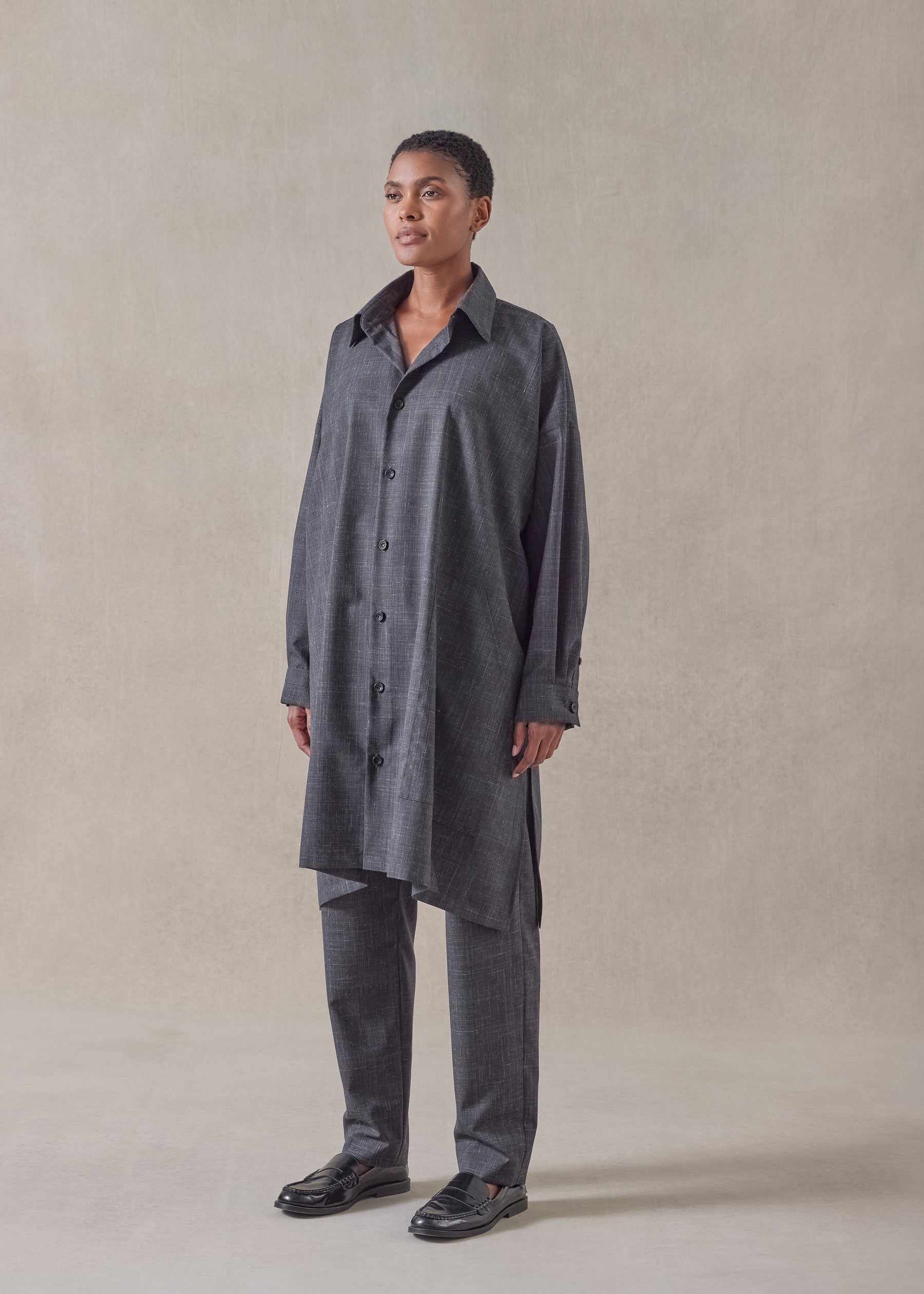 wool linen wide a-line shirt jacket with collar - very long with slits