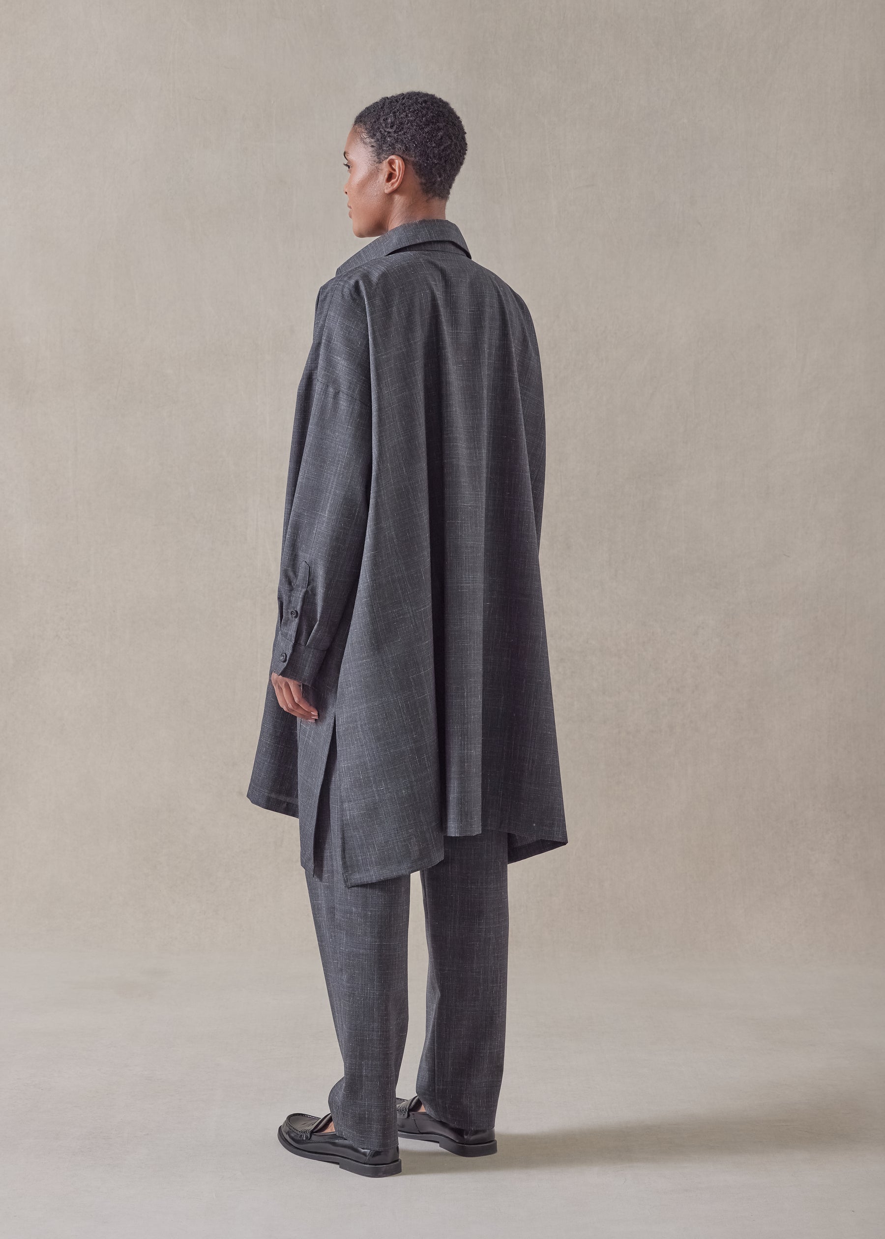 wool linen wide a-line shirt jacket with collar - very long with slits