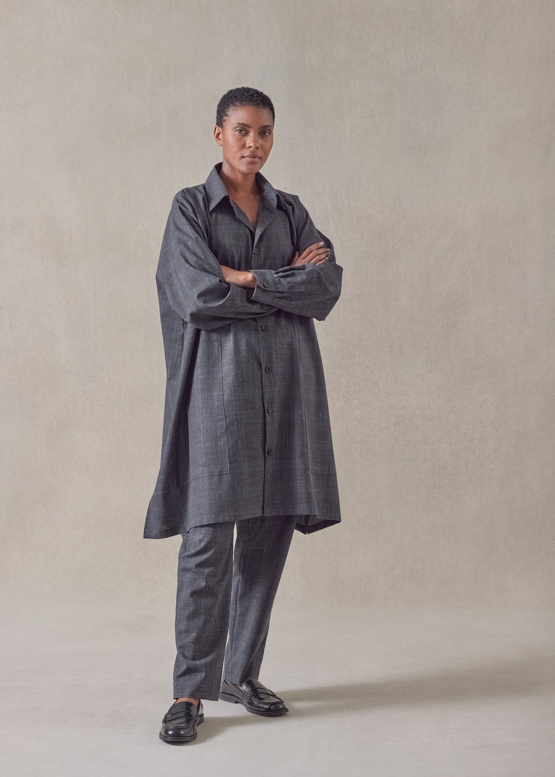 wool linen wide a-line shirt jacket with collar - very long with slits