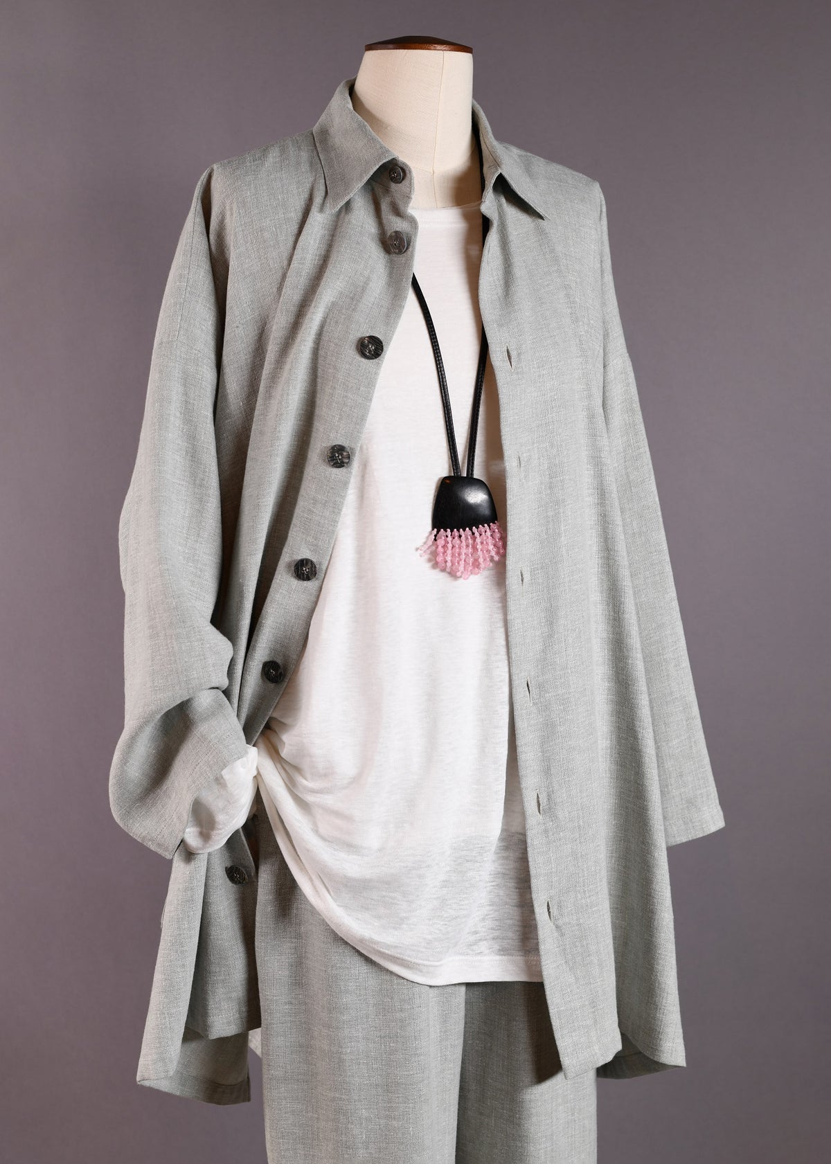 linen mix wide a-line back pleat jacket with collar - long plus