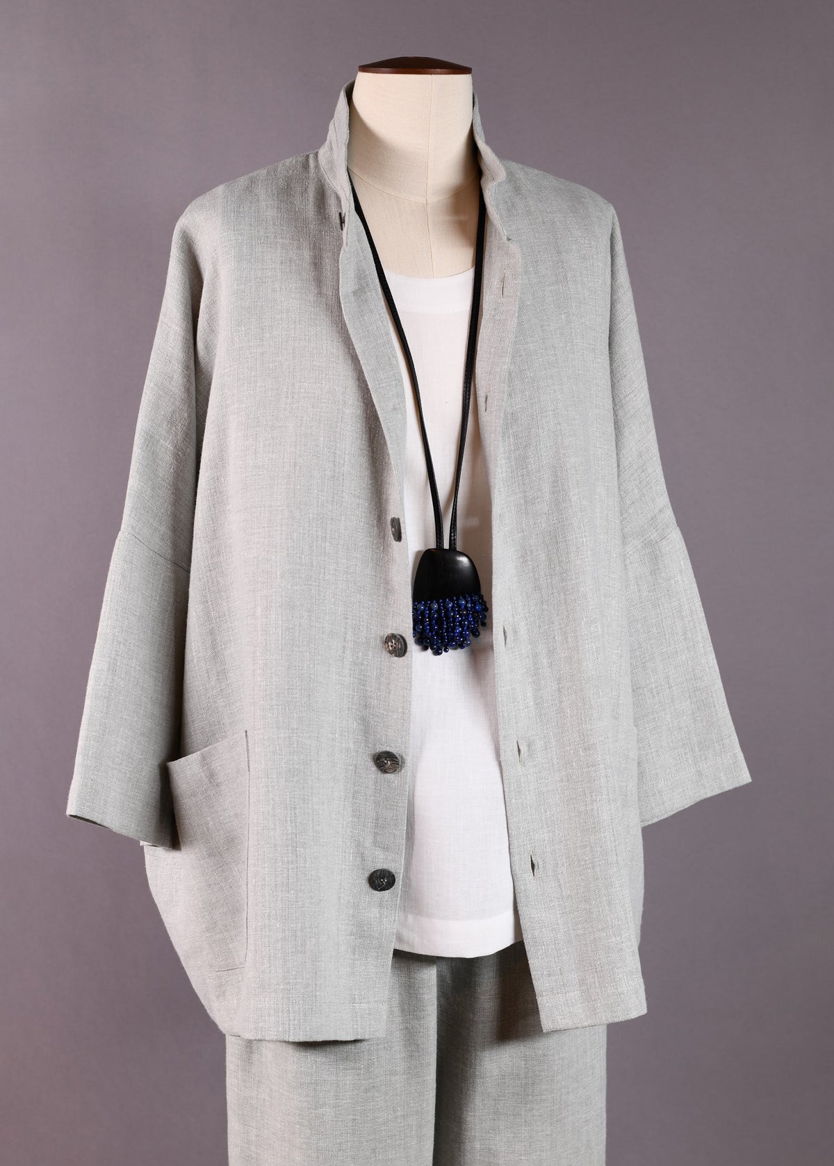 linen 3/4 sleeve sloped shoulder jacket with double stand collar- long