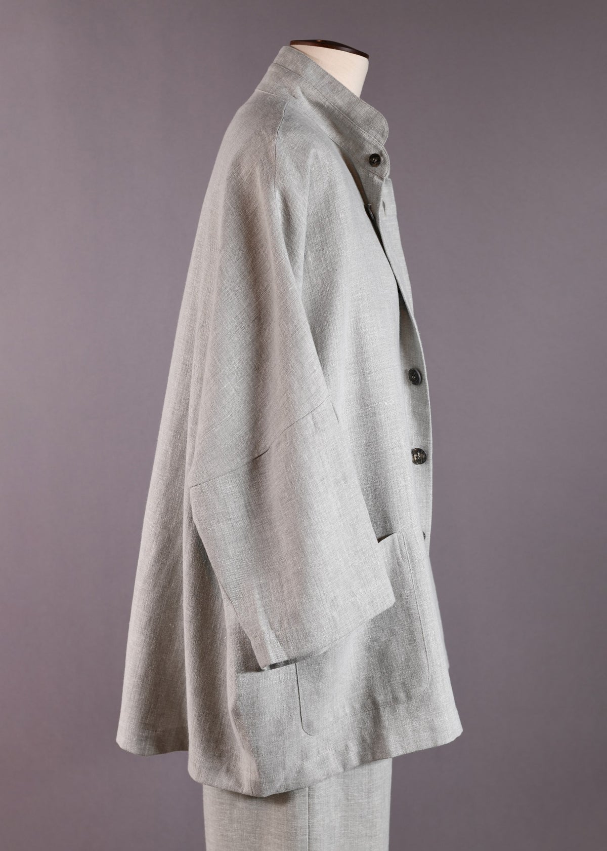 linen 3/4 sleeve sloped shoulder jacket with double stand collar- long