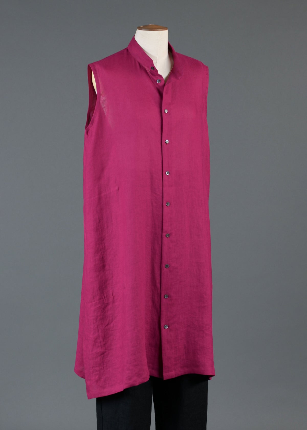 linen a-line collarless sleeveless shirt dress