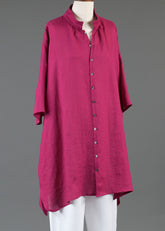 linen sloped shoulder wide a-line pleated collar short sleeve shirt - very long in magenta