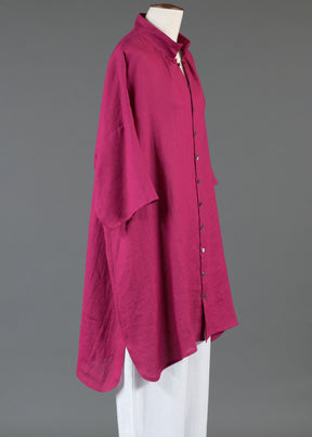 linen sloped shoulder wide a-line pleated collar short sleeve shirt - very long in magenta