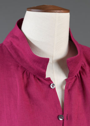 linen sloped shoulder wide a-line pleated collar short sleeve shirt - very long in magenta