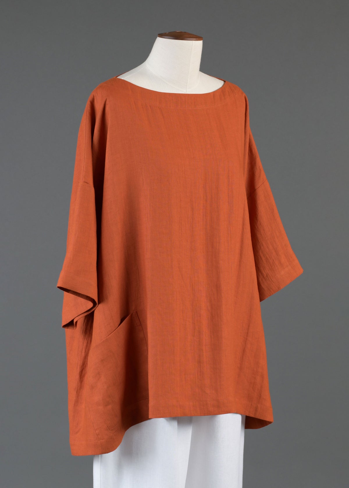 linen angle-to-front 3/4 sleeve scoop neck tunic - long in burntorange
