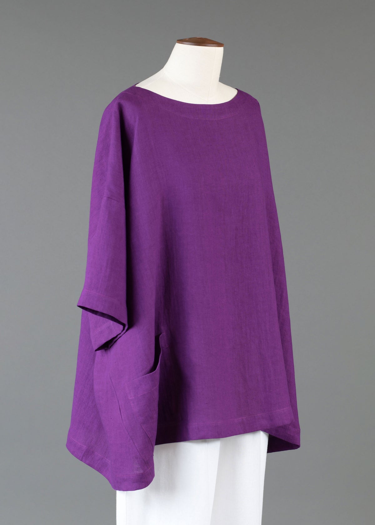 linen angle-to-front 3/4 sleeve scoop neck tunic - long in violet