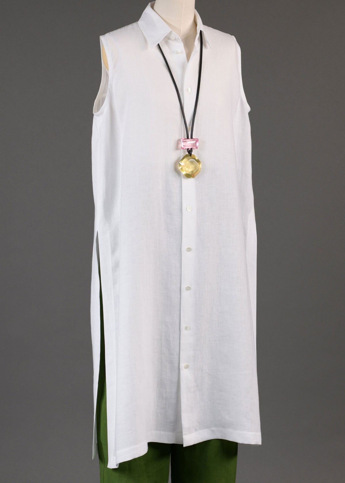 linen slim a-line sleeveless shirt dress with collar and side slit detail in white