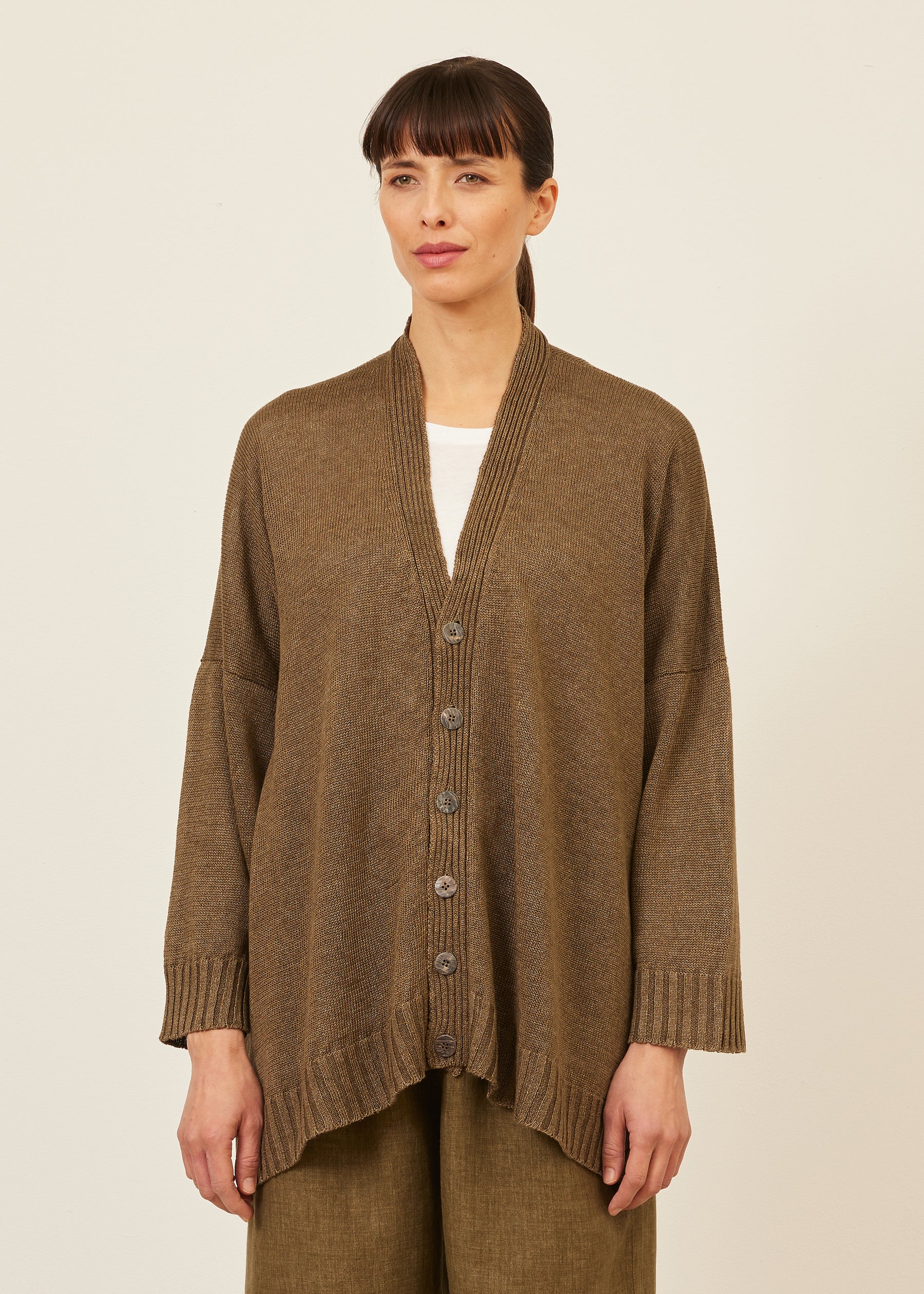 linen wide v neck knit cardigan - long