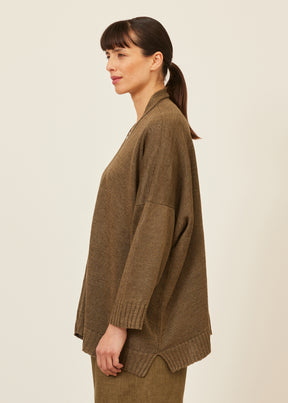 linen wide v neck knit cardigan - long