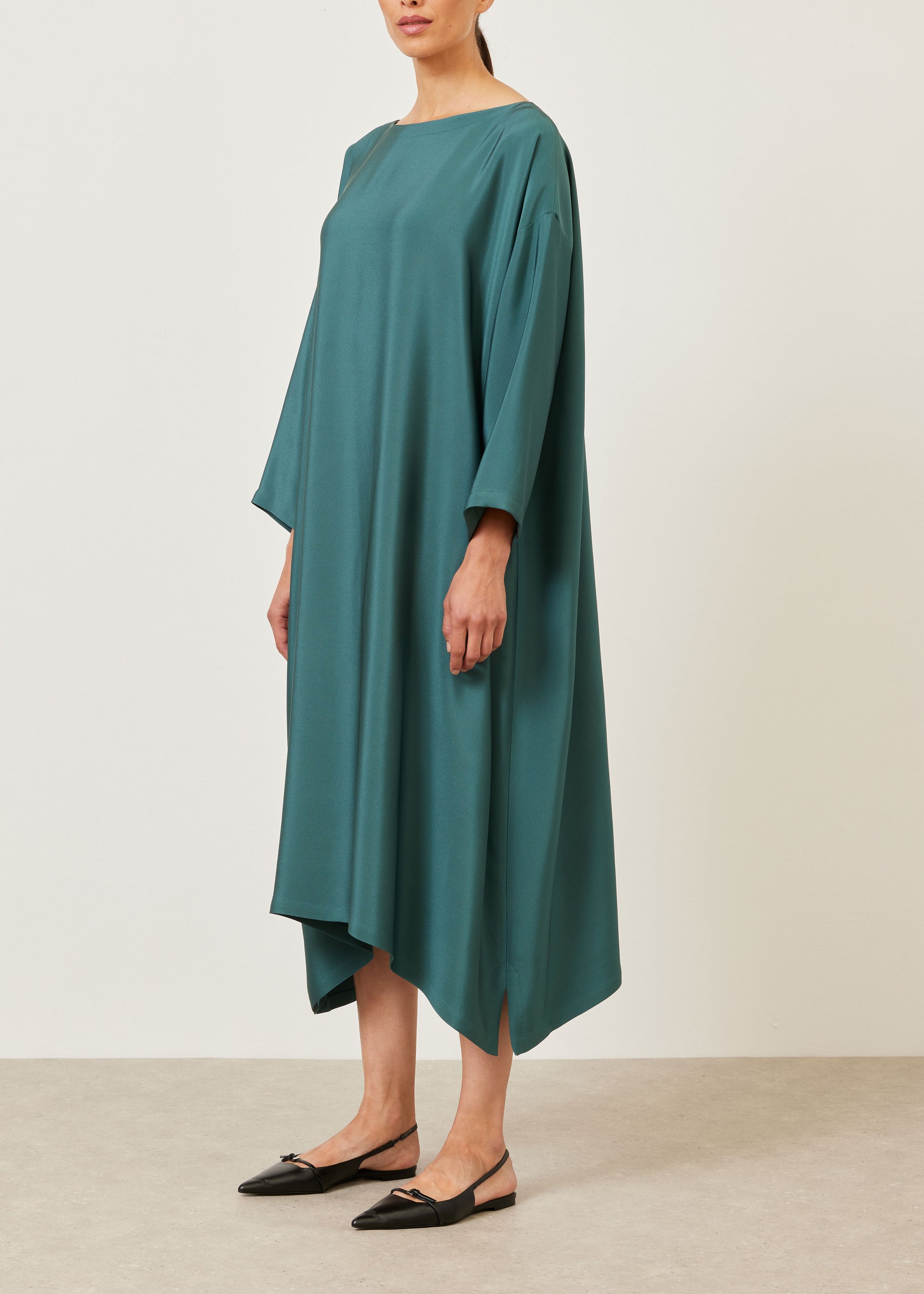 silk 3/4 sleeve wide a-line scoop neck dress - full length