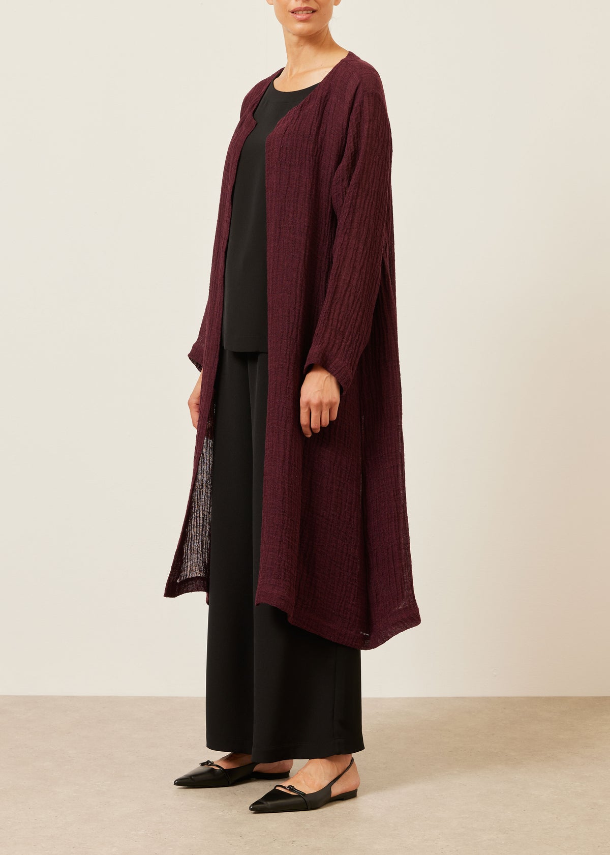 linen mix 3/4 length side pleated round neck coat