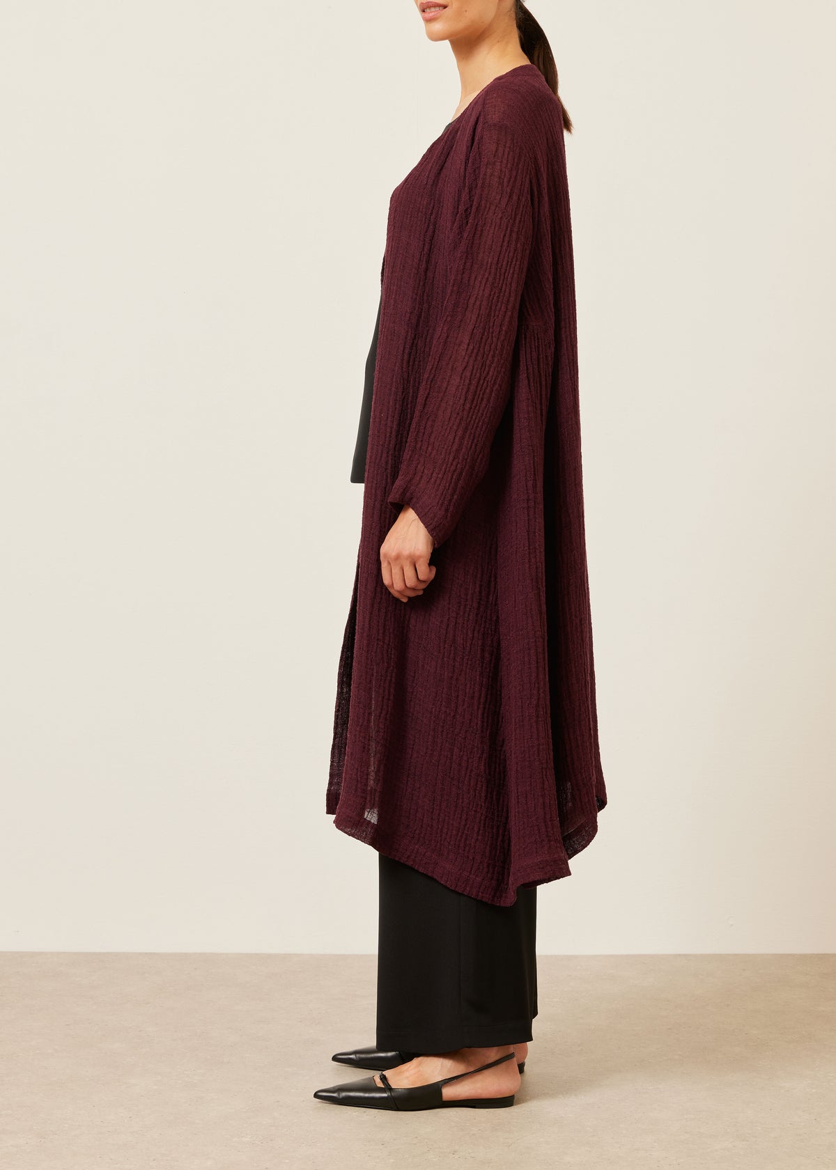 linen mix 3/4 length side pleated round neck coat