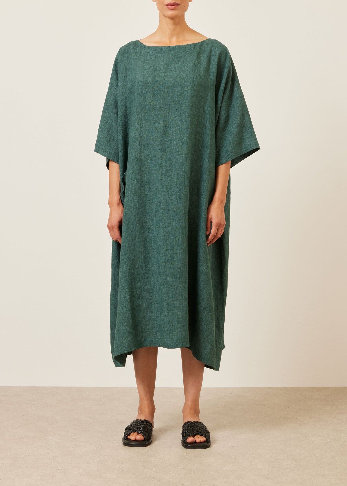 linen angle-to-front side seam scoop neck t shirt dress