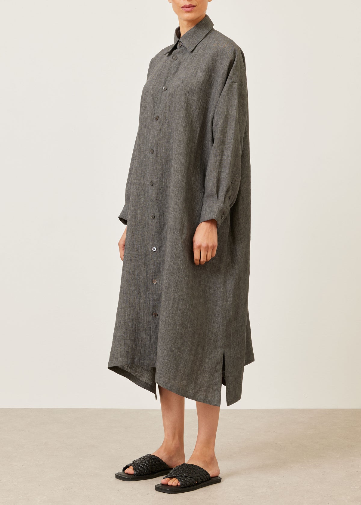 linen wide a-line shirt dress with collar