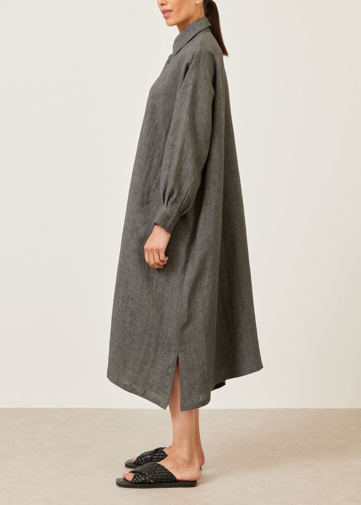 linen wide a-line shirt dress with collar