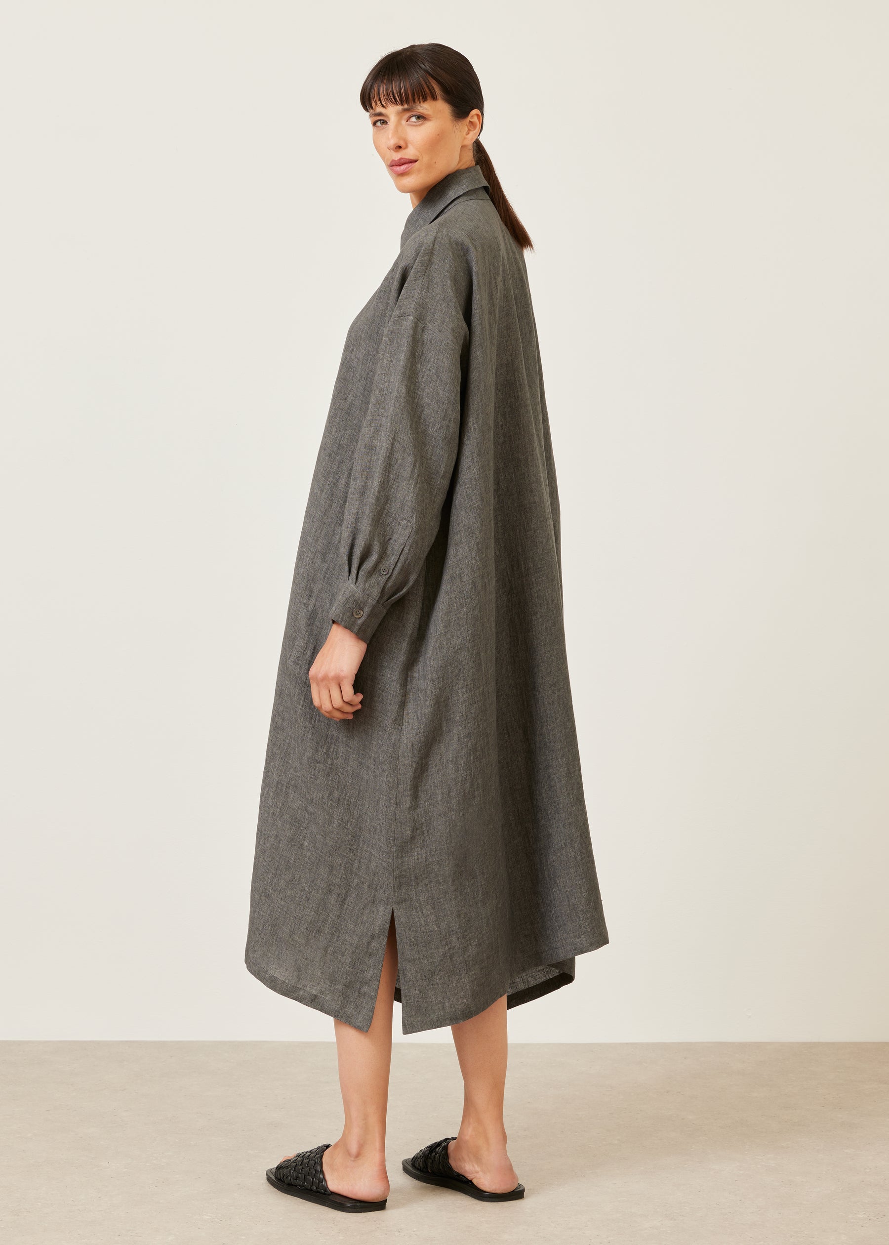 linen wide a-line shirt dress with collar