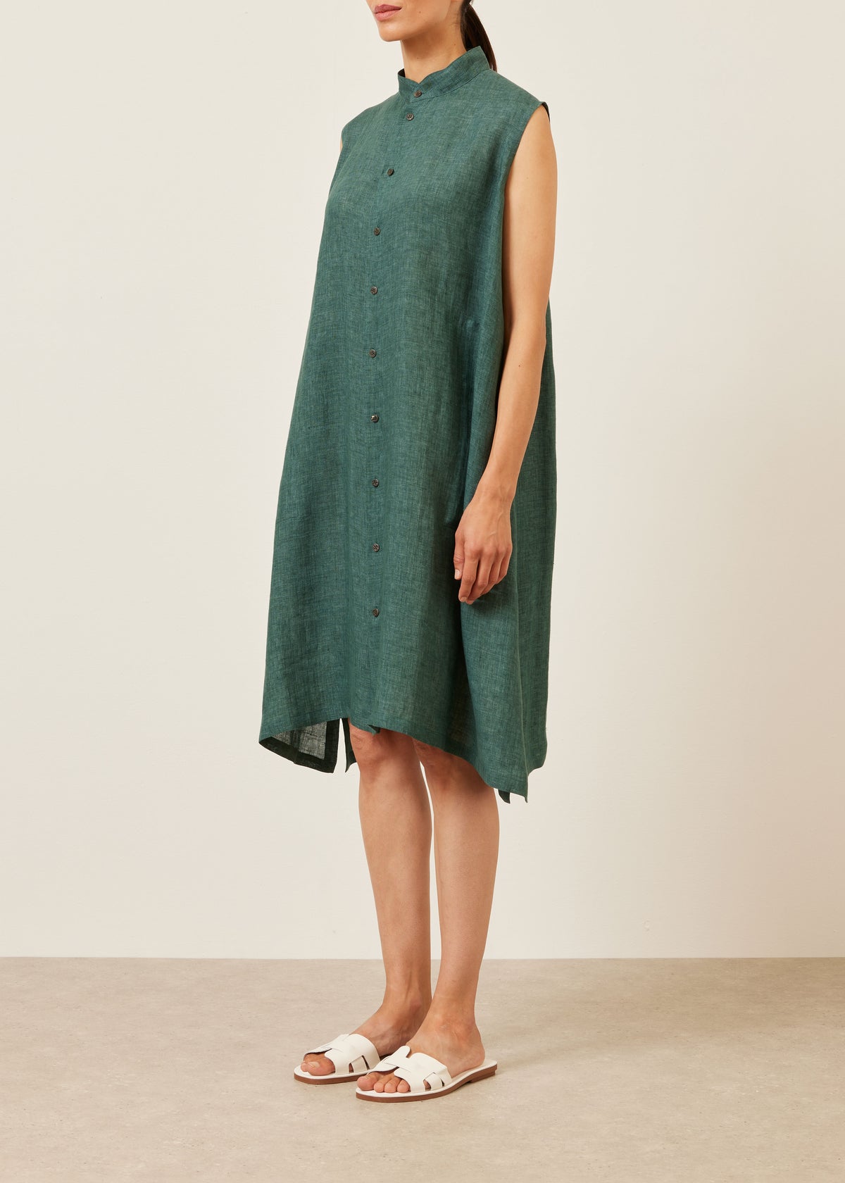 linen a-line collarless sleeveless shirt dress