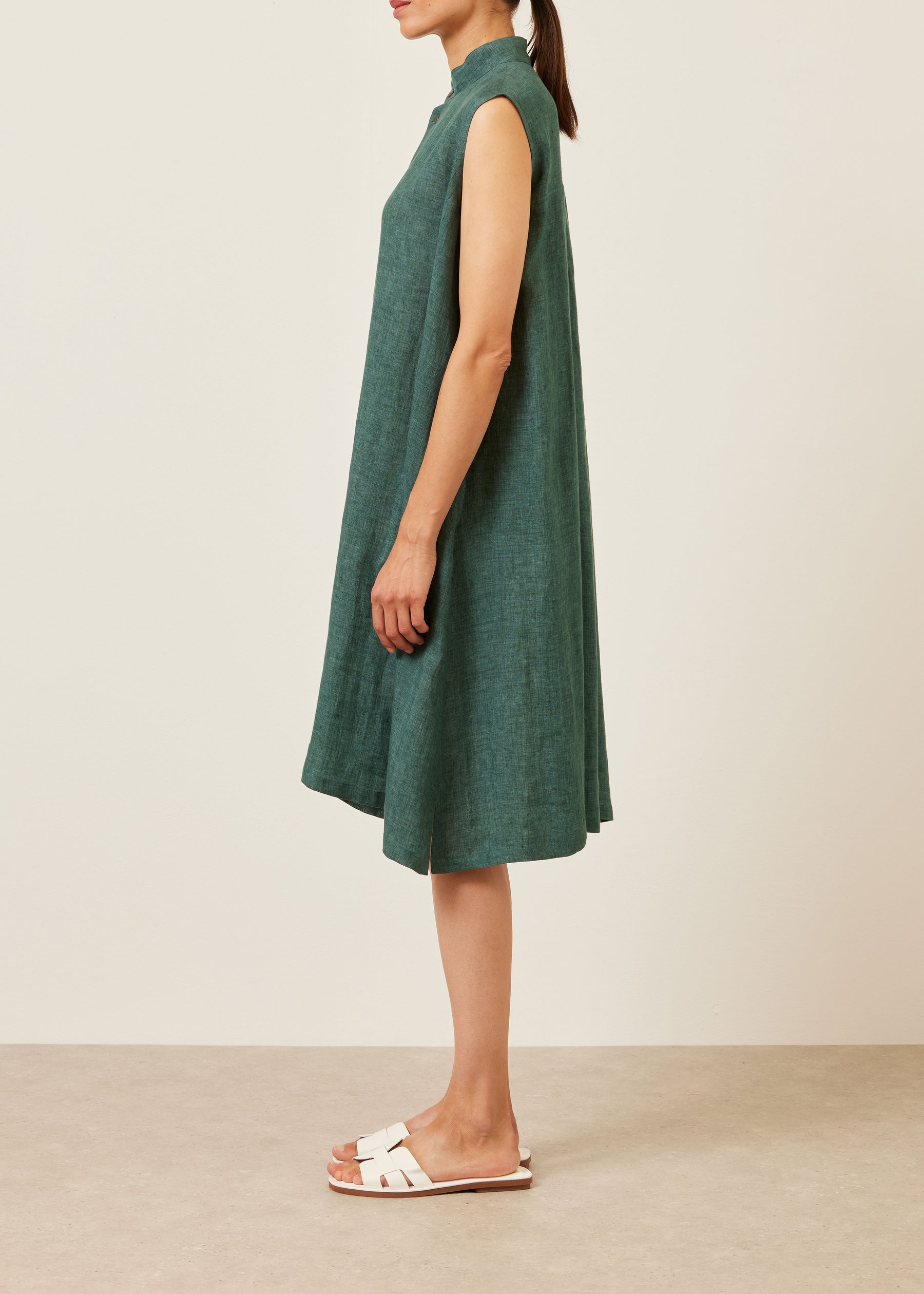 linen a-line collarless sleeveless shirt dress