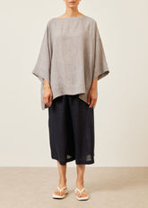 linen scoop neck 3/4 sleeve top with hem bands - long