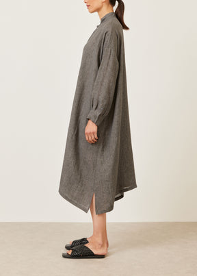 linen wide a-line collarless shirt dress