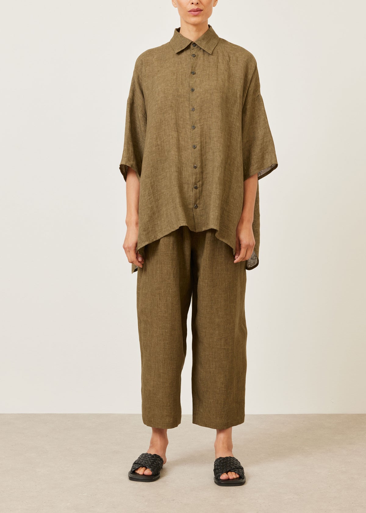 linen sloped shoulder wide a-line short sleeve shirt with collar - long