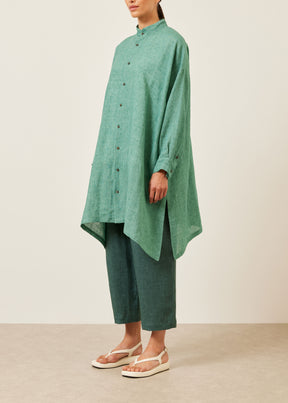 linen wide a-line collarless shirt - very long with slits