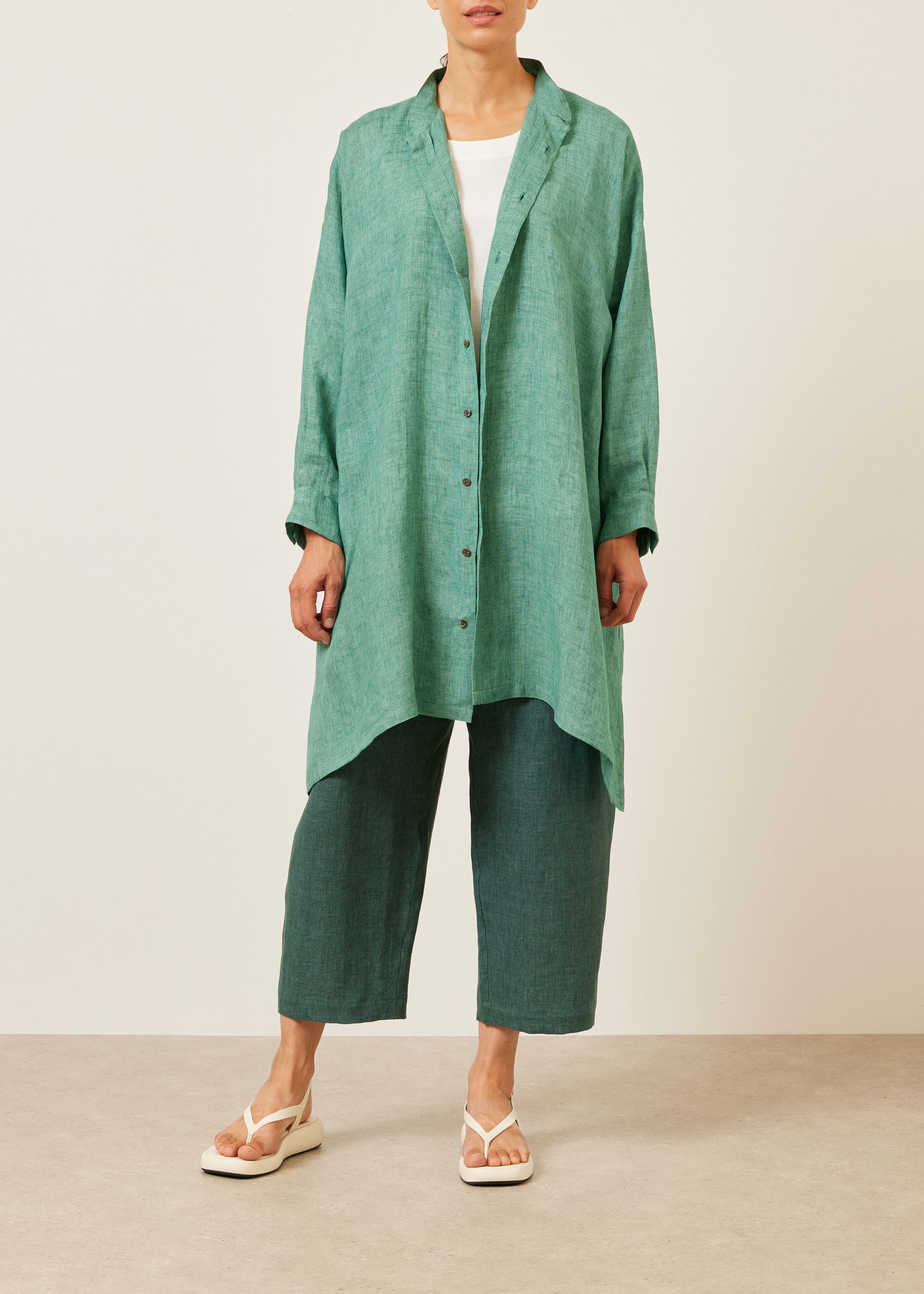 linen wide a-line collarless shirt - very long with slits