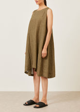 linen 3/4 length side pleated sleeveless dress