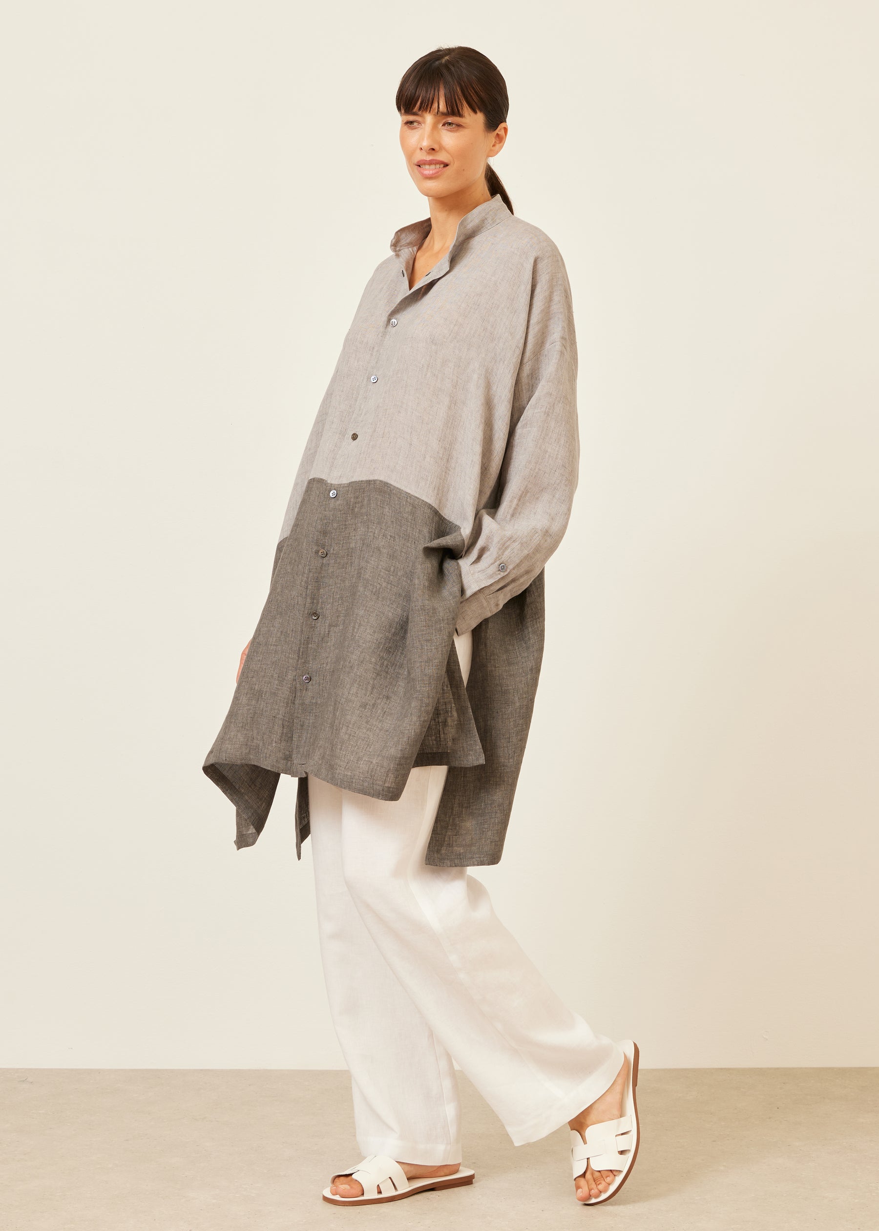 linen wide a-line collarless shirt with side slit detail - very long
