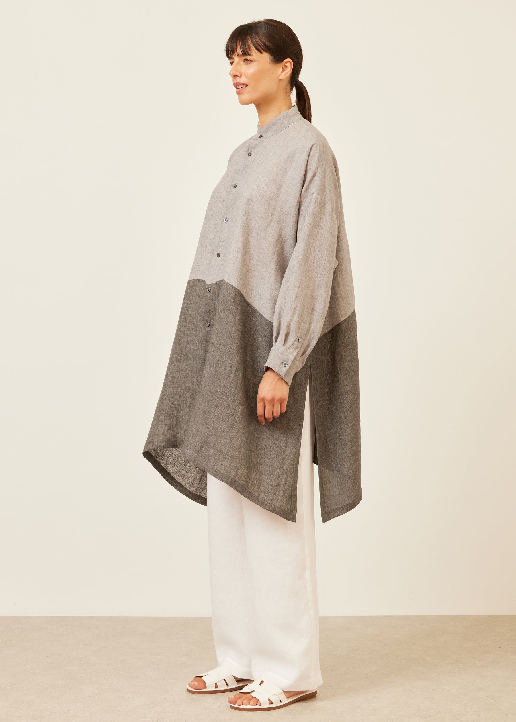 linen wide a-line collarless shirt with side slit detail - very long