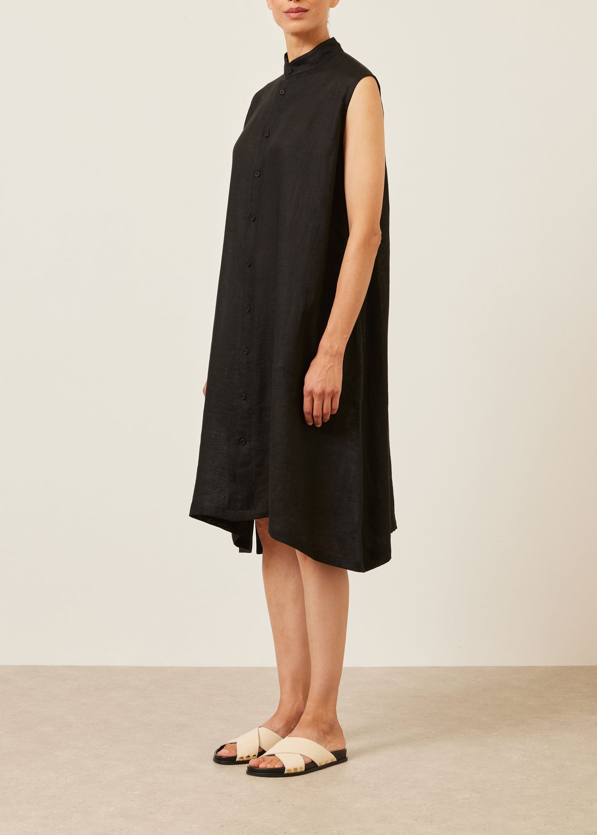 linen a-line collarless sleeveless shirt dress