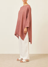 linen wide longer back bound neck shirt - very long with slits