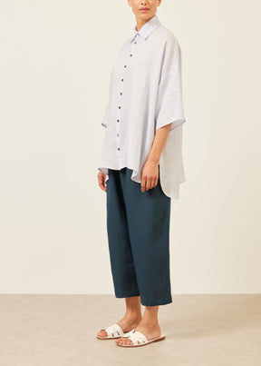 linen sloped shoulder wide a-line short sleeve shirt with collar - long